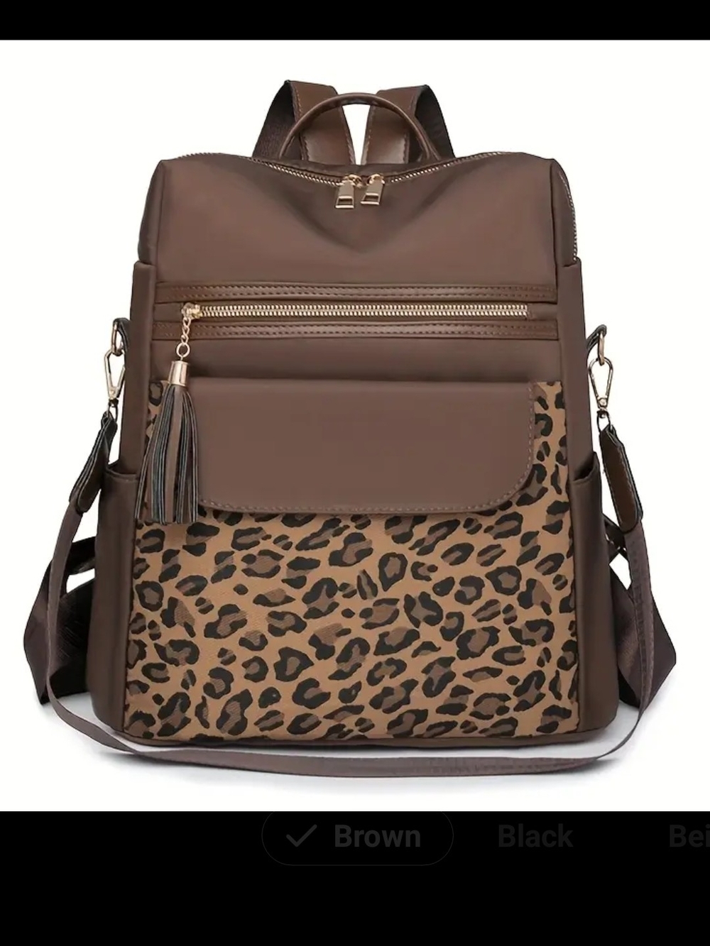 Brown Leopard-Accent Women's Backpack Tote